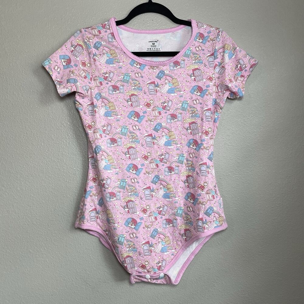 Little for Big Adult Bodysuit / Diaper Cover Size Medium Unicorns Rainbows Pink